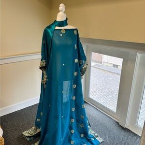 Elegant Teal Embroidered sheer Women's Dress